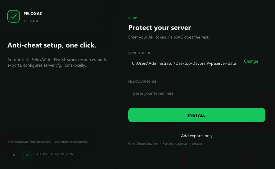 FeloxAC installer window with the server folder detected