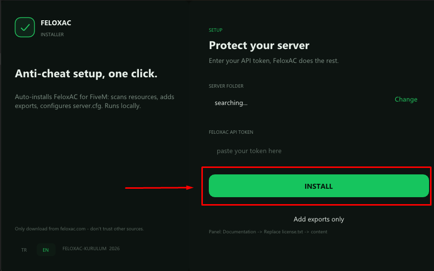 FeloxAC installer with the INSTALL button highlighted